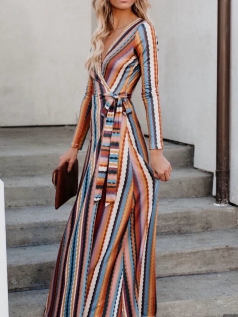 Vici Multicolor Striped Wrap Maxi Dress in Blue, Brown & Cream
